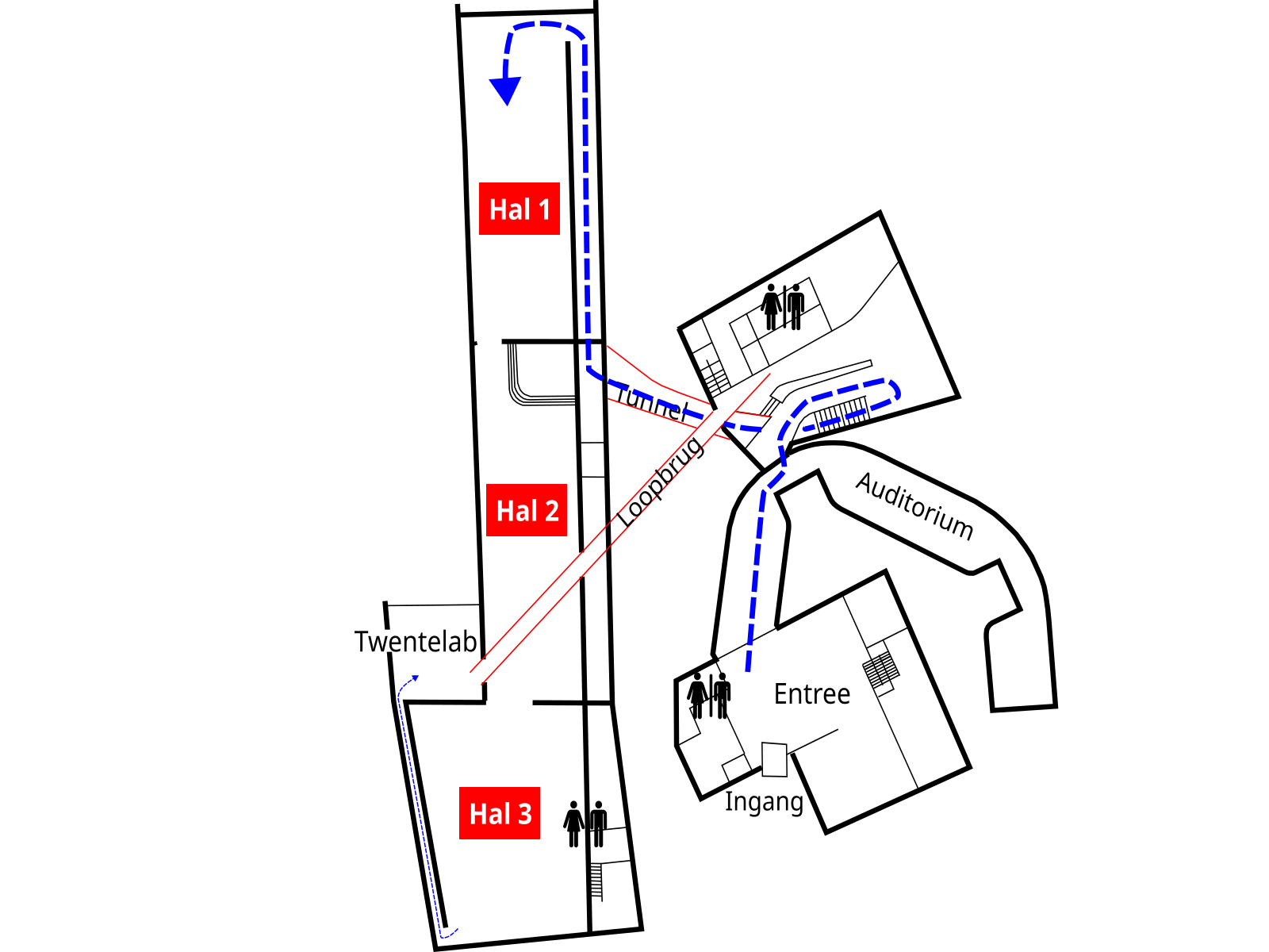 Plattegrond van De MuseumFabriek en route naar het begin van deze tour, Hal 1.